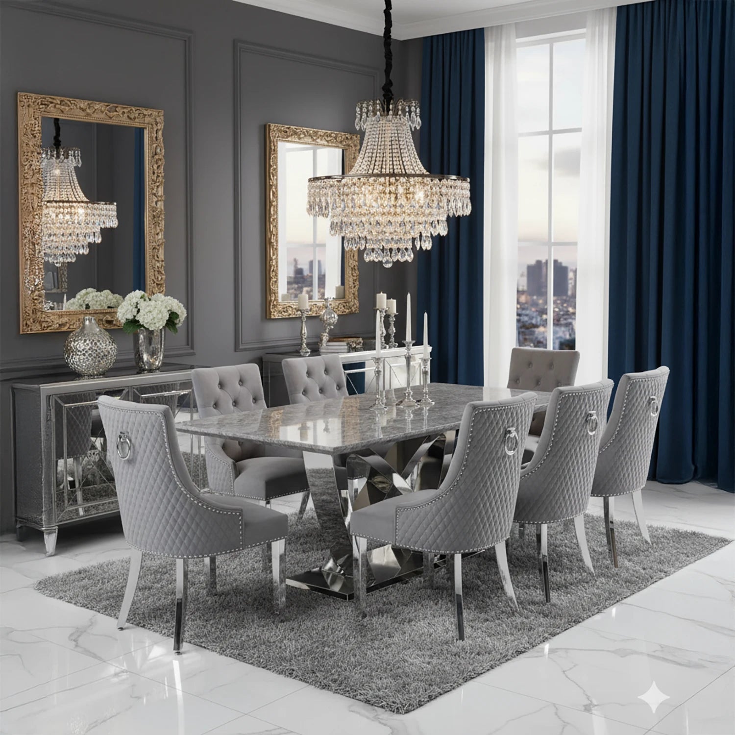 Marbella Grey Marble Dining Table with Light Grey Velvet Dining Chairs - Pendle Village Furniture