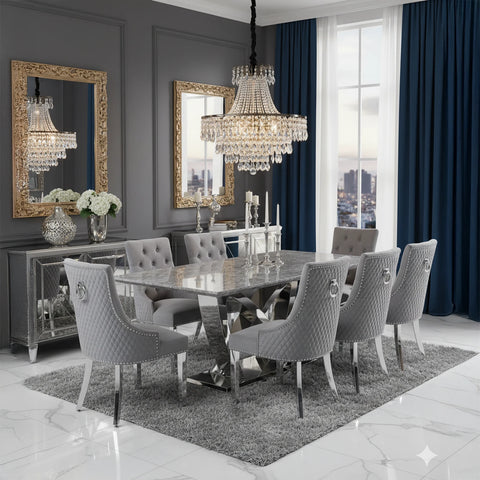 Marbella Grey Marble Dining Table with Light Grey Velvet Dining Chairs - Pendle Village Furniture