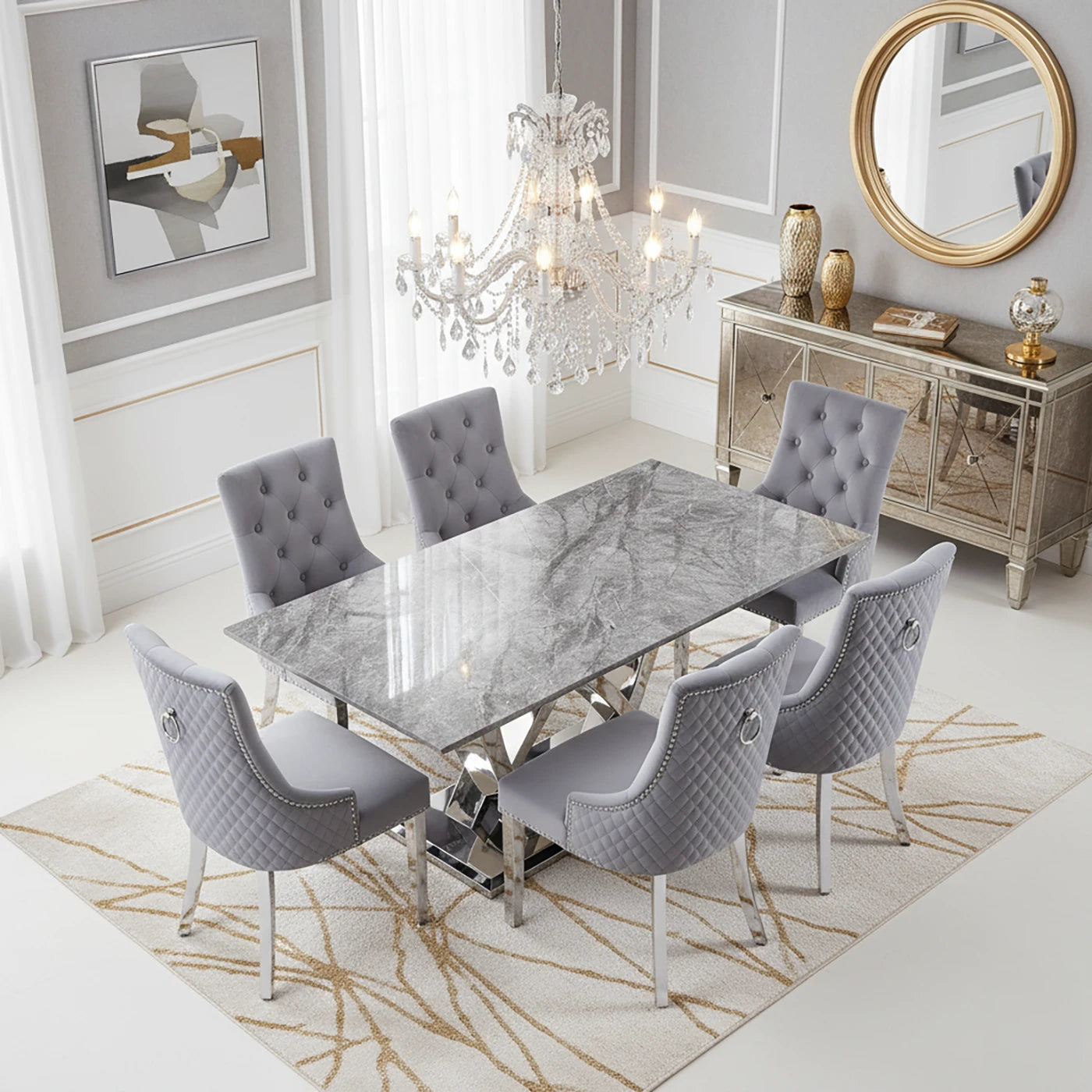Marbella Grey Marble Dining Table with Light Grey Velvet Dining Chairs - Pendle Village Furniture