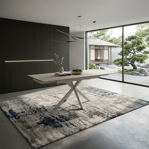 Shop the Marco extending dining table in sandy beige. Modern compact table extending from 120cm to 180cm with sculptural base.