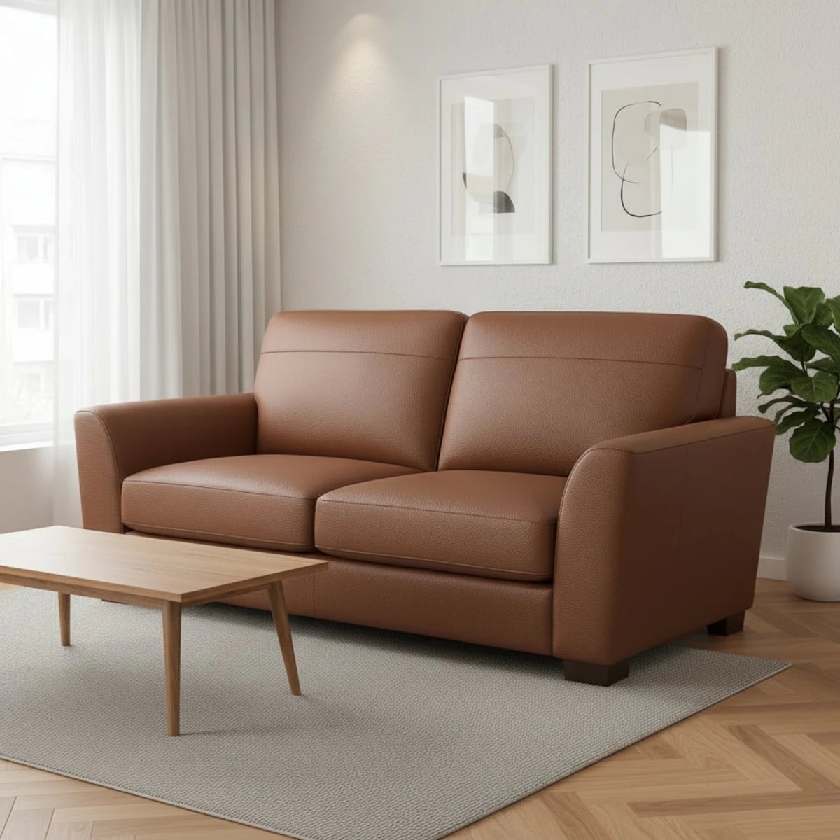 Stylish 3 seater leather sofa with serpentine spring support.