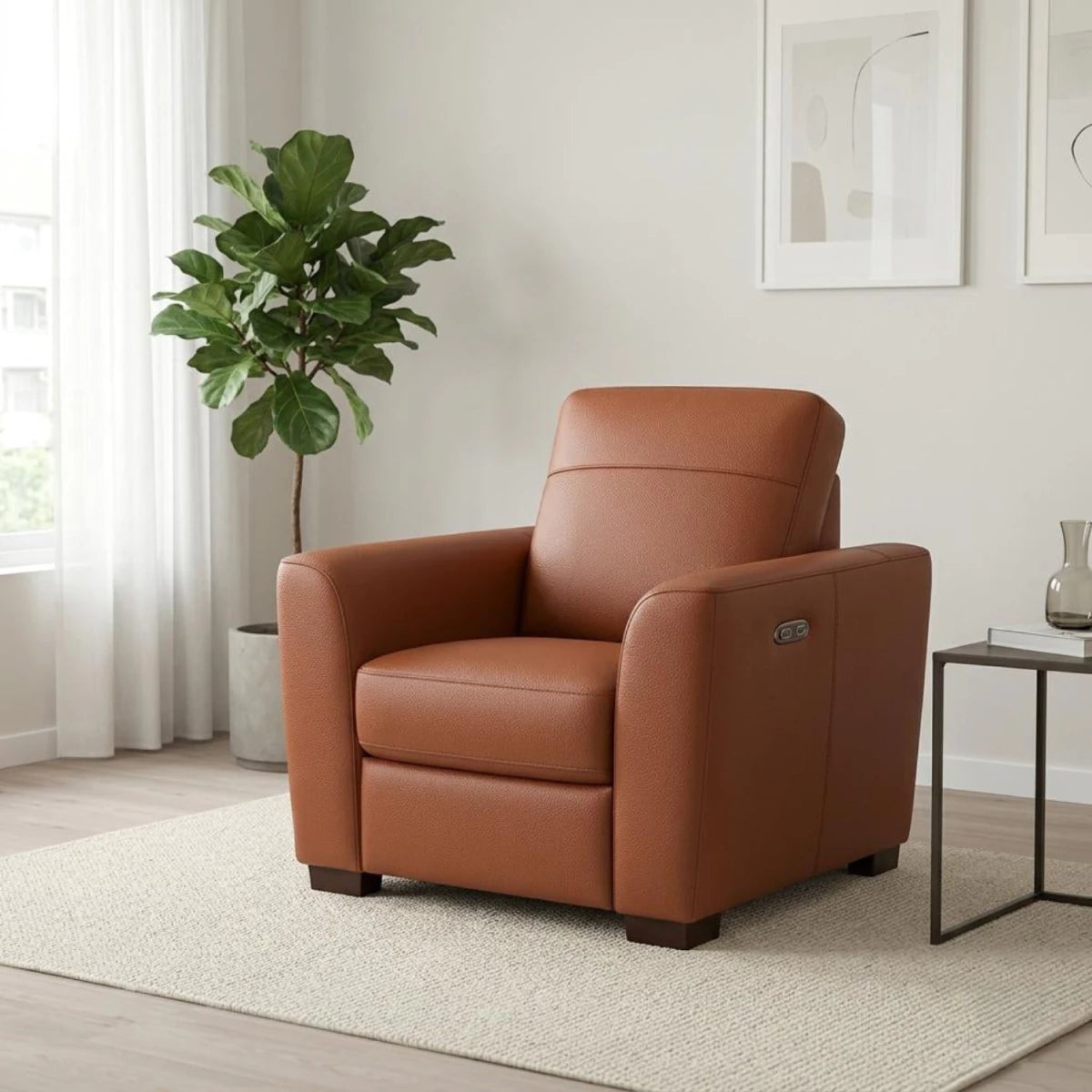 Modern recliner armchair with premium leather and soft cushioning.