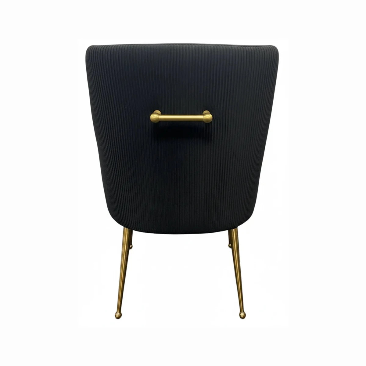Back of Mason Black Velvet Dining Chair with Gold Legs showing ribbed detail and Gold Handle