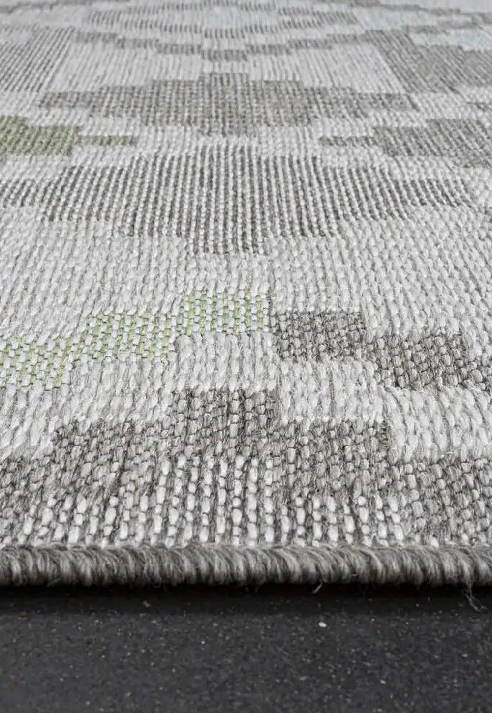 Brighton Grey And Green Geometric Indoor Outdoor Rug, available in various colours and sizes - Edge of Rug Image