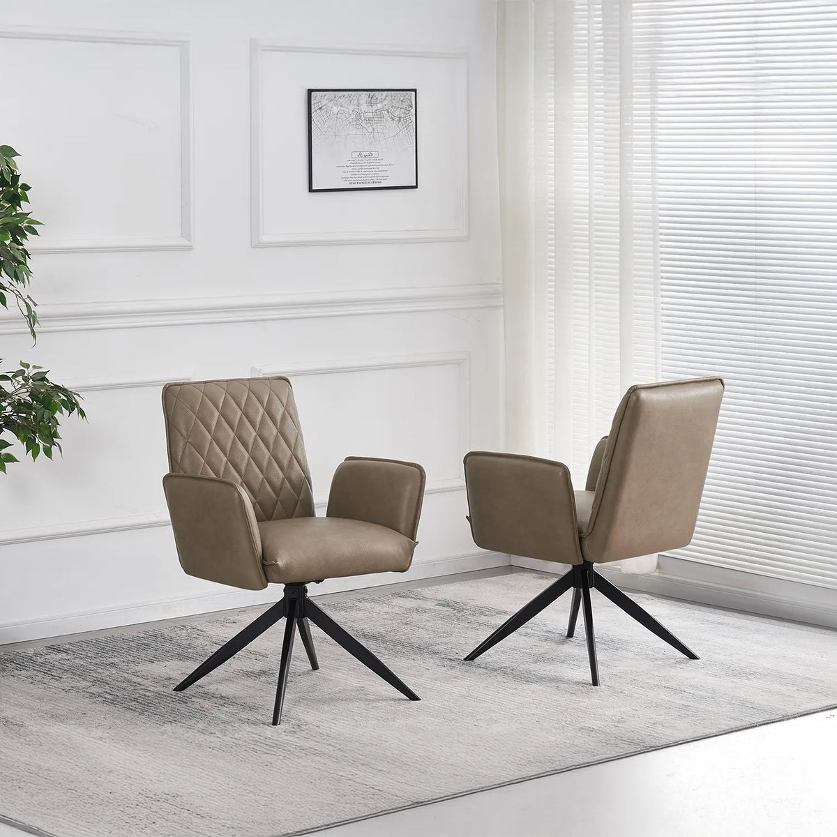 Maxwell Soft Taupe Leather Swivel Dining Chairs with black metal legs and Arms, Buy as set of 4, 6 or 8 Chairs by Pendle village furniture - Lifestyle Image