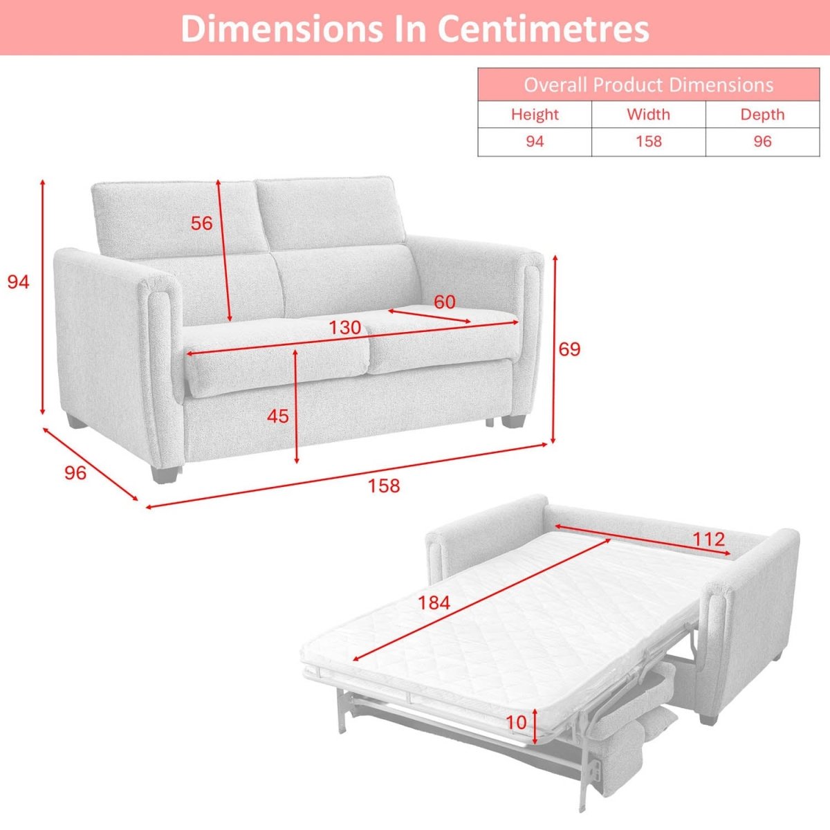 A dimension diagram showing a Mayfair Fabric upholstered sofabed with red measurement lines and labels, plus a smaller view of the sofa folded into a bed. A header reads 'Dimensions In Centimetres' and a small table lists overall product dimensions.