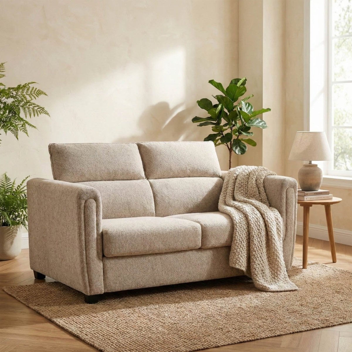 Beige sofa bed in a living room with plants and a lamp