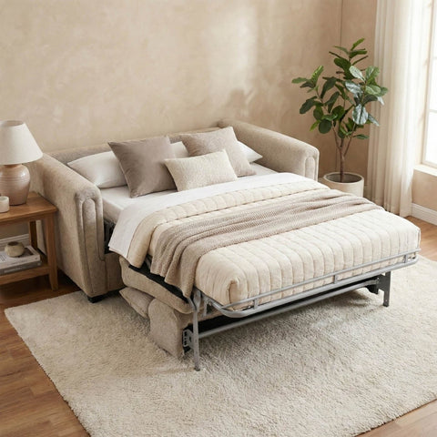 Beige sofa bed in a room with a lamp, plant, and side table.