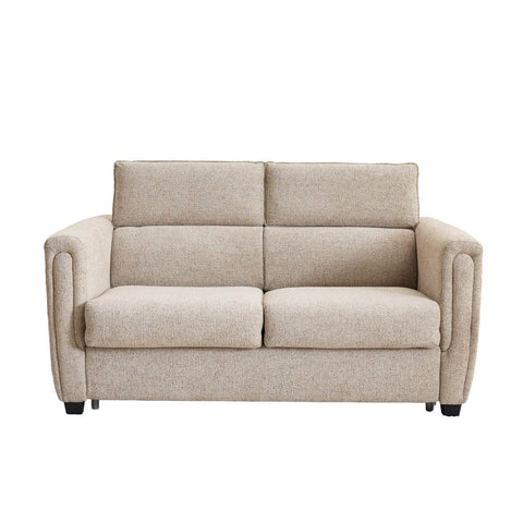 A two-seater upholstered loveseat sofa in a textured beige fabric, shown from a straight-on front angle against a plain white background.