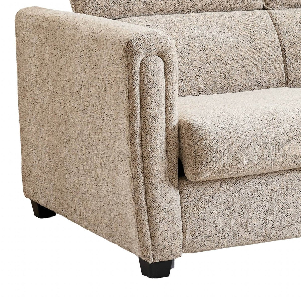 Close-up of a beige textured fabric Sofabed showing the armrest, seat cushion, and dark wooden legs against a white background.