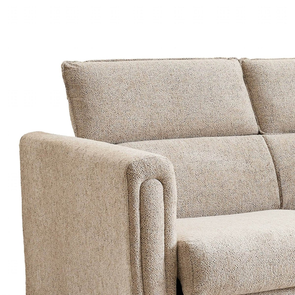Close-up of a textured beige upholstered sofabed showing the back cushion, armrest, and seat against a plain white background.