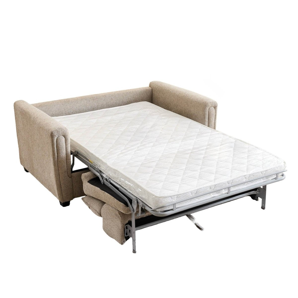 A beige upholstered sofa bed with its mattress pulled out, showing the metal support frame and underside, photographed on a plain white background.