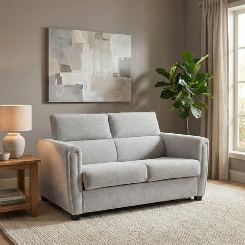 Shop the Mayfair fabric sofa bed in Ash or Beige. Features an easy pull-out bed mechanism, quilted mattress and compact modern design for everyday living.
