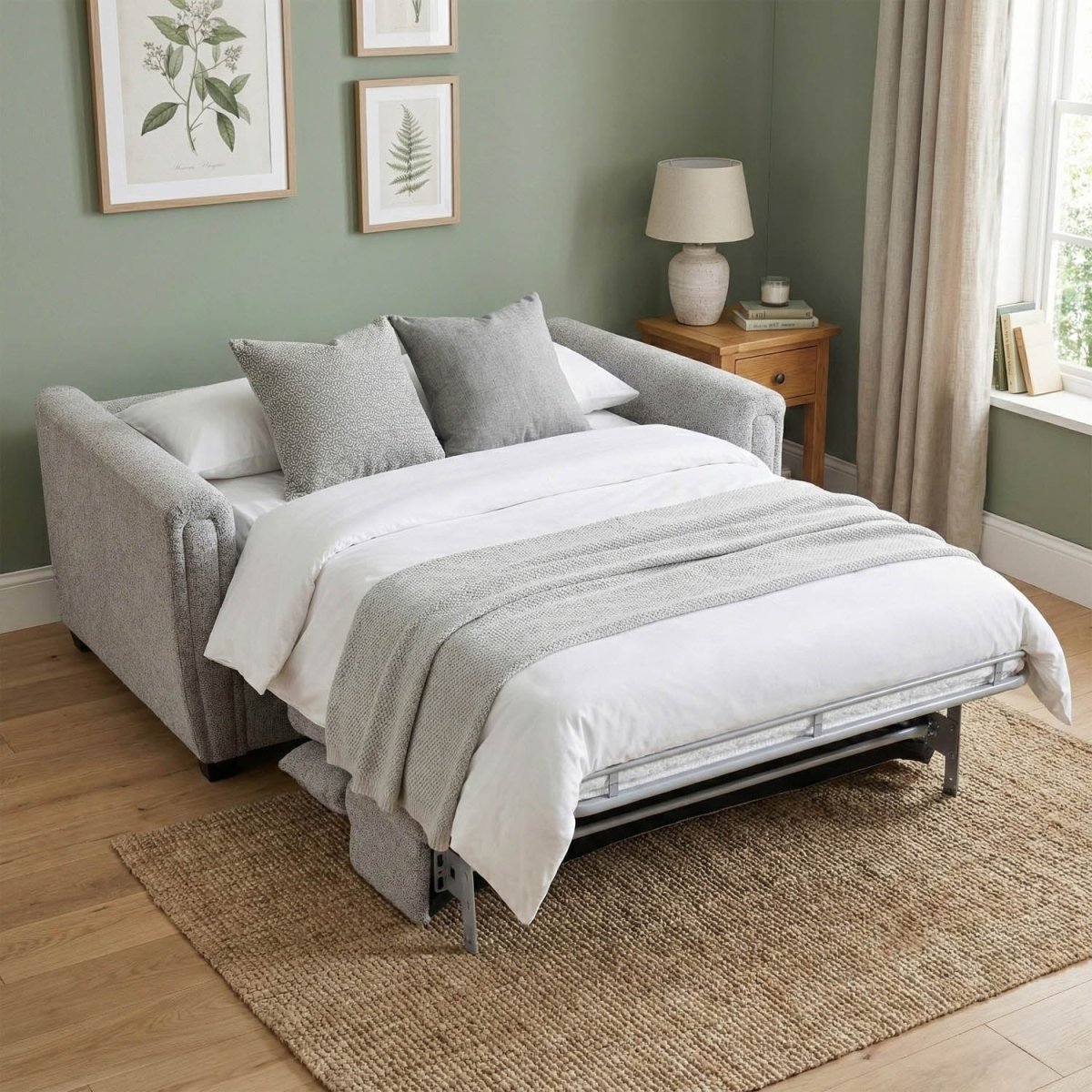 Gray sofa bed in a room with light green walls, framed plants, and a lamp.
