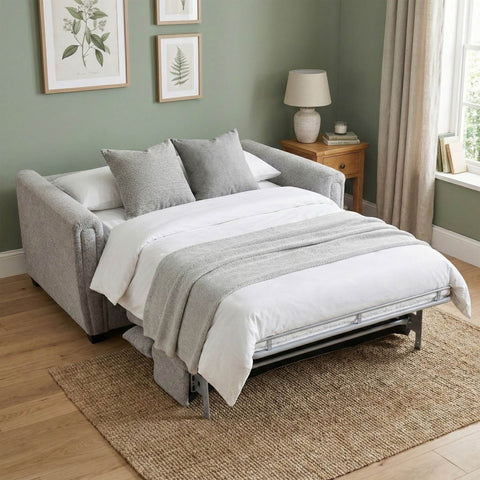 Gray sofa bed in a room with light green walls, framed plants, and a lamp.