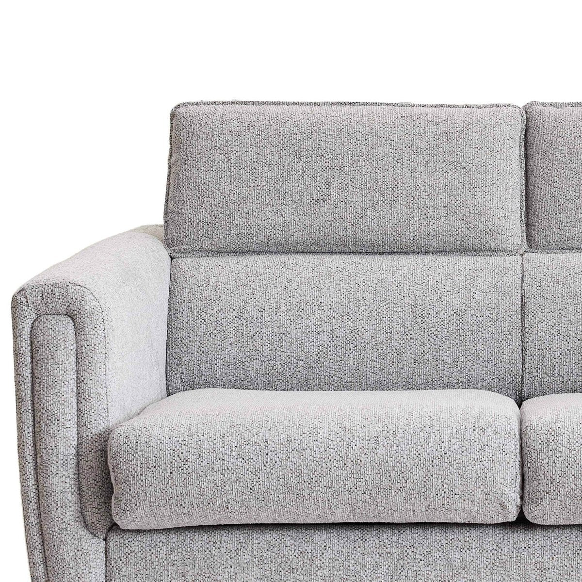 Close-up of a light gray textured fabric sofabed with a square back cushion, rounded armrest, and seat cushion on a white background.