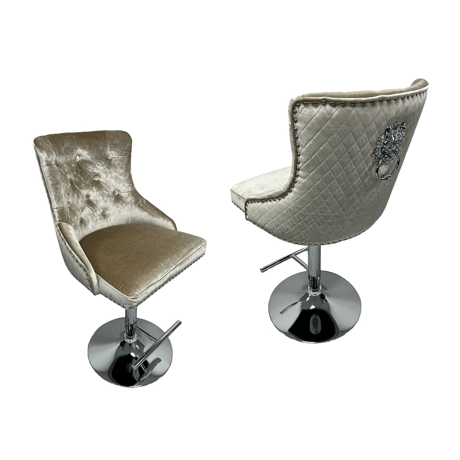 Set of 2 Mayfair mink shimmer bar stools with lion knocker, tufted design, chrome base, and height-adjustable swivel. Stylish luxury seating for kitchen islands.