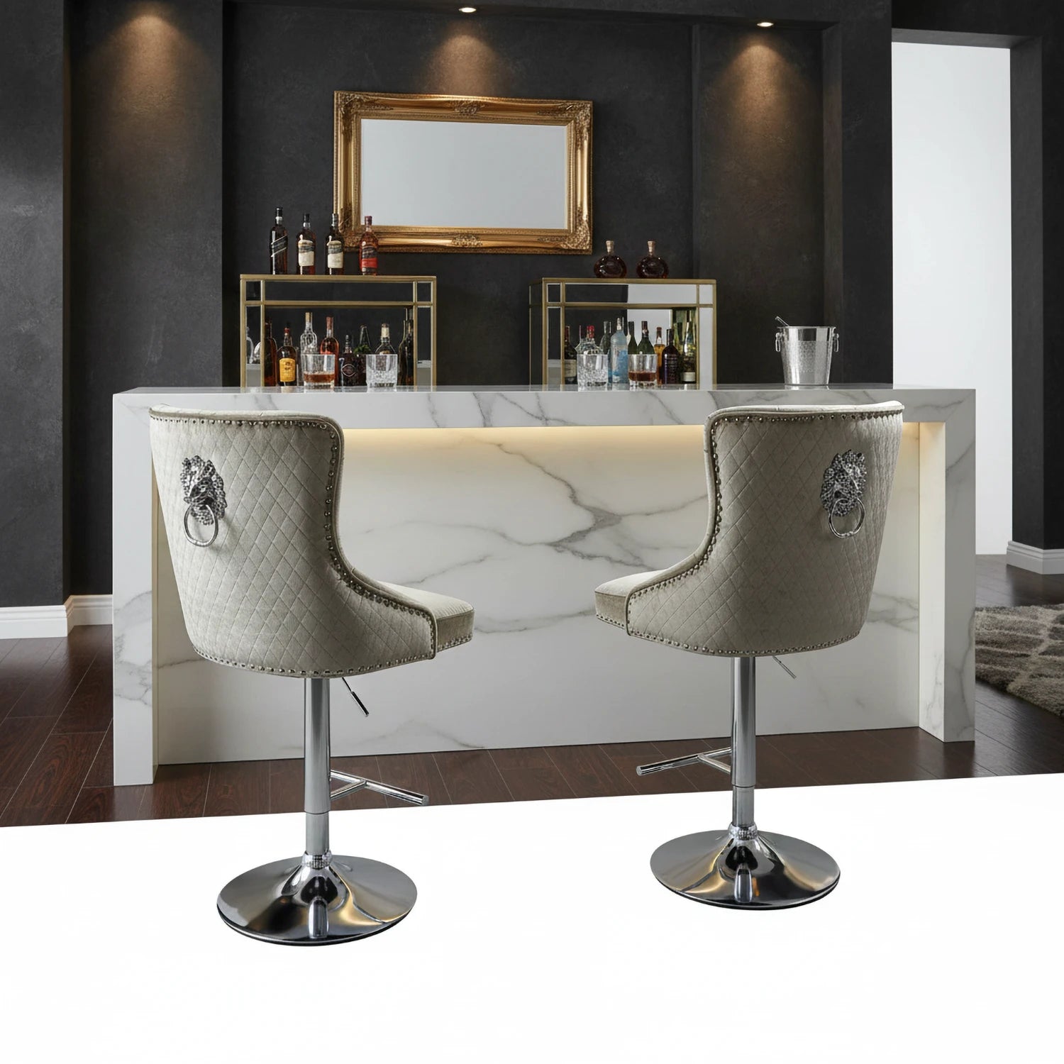 Mink velvet bar stool with button tufting and stud detailing