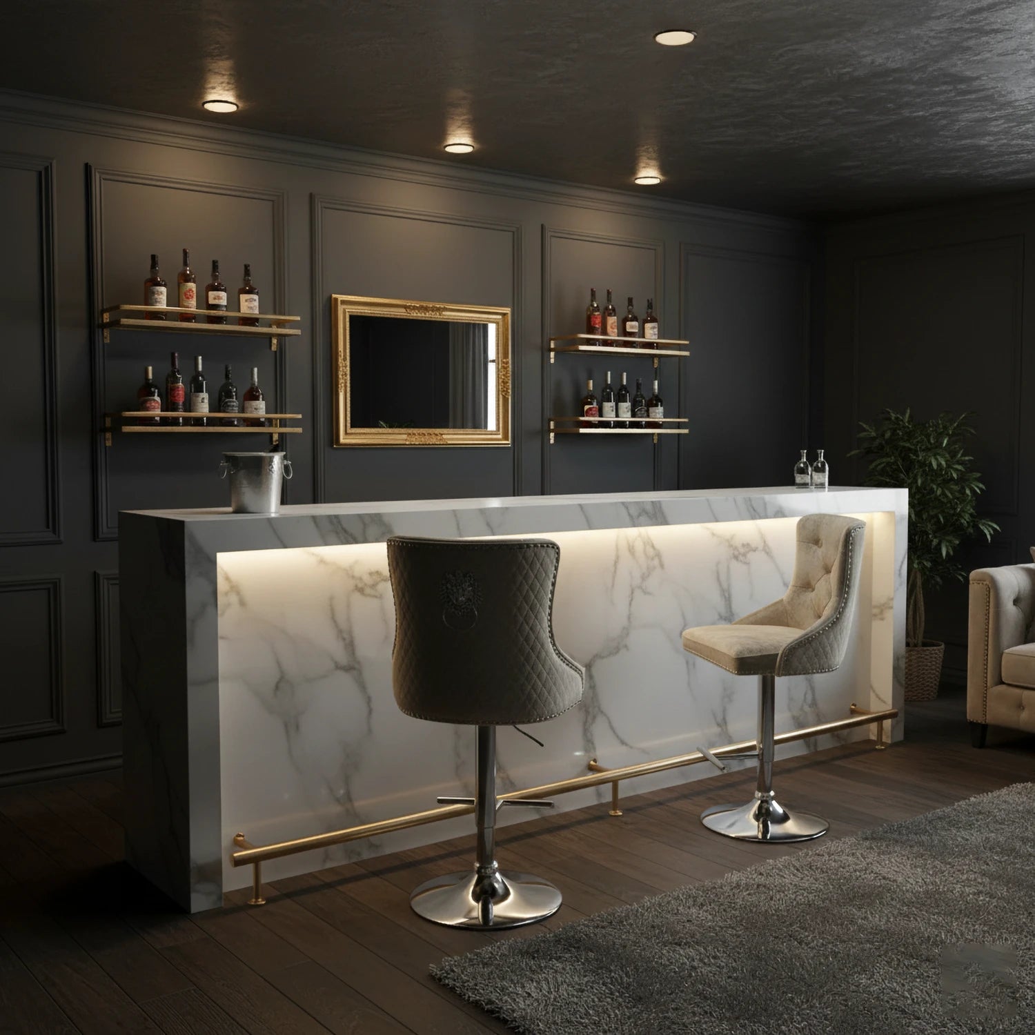 Height adjustable chrome base on mink bar stool with Lion Knocker