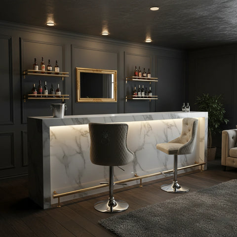 Height adjustable chrome base on mink bar stool with Lion Knocker