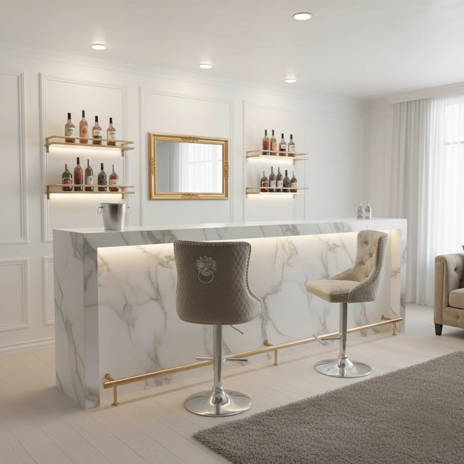 Mayfair mink shimmer bar stool with chrome lion knocker and Base