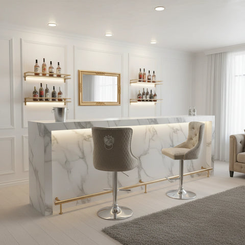 Mayfair mink shimmer bar stool with chrome lion knocker and Base