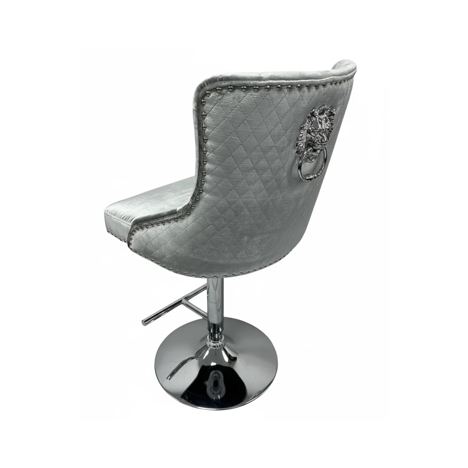 Height adjustable chrome base on Mayfair Grey fabric bar stool with Lion Knocker