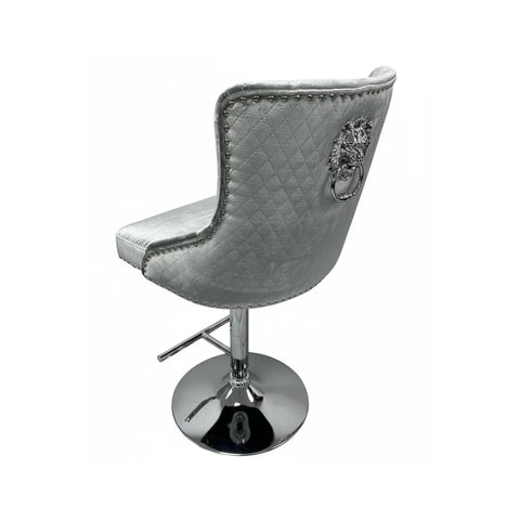 Height adjustable chrome base on Mayfair Grey fabric bar stool with Lion Knocker