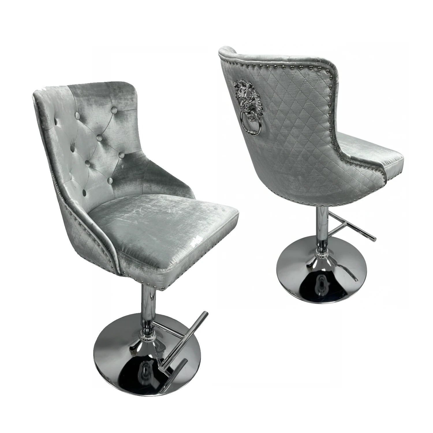 Mayfair silver shimmer fabric bar stool with button tufting, Lion Knocker
