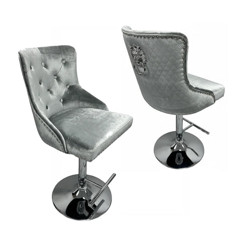 Mayfair silver shimmer fabric bar stool with button tufting, Lion Knocker