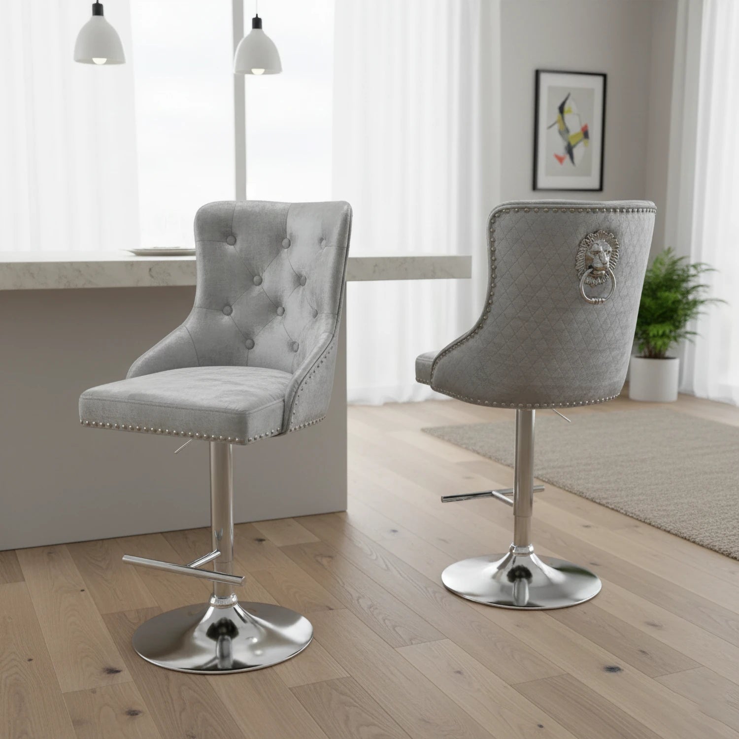 Luxury Mayfair shimmer fabric bar stools with lion knocker, chrome base, height adjustment and 360° swivel. Stylish set of 2 for modern kitchen islands.