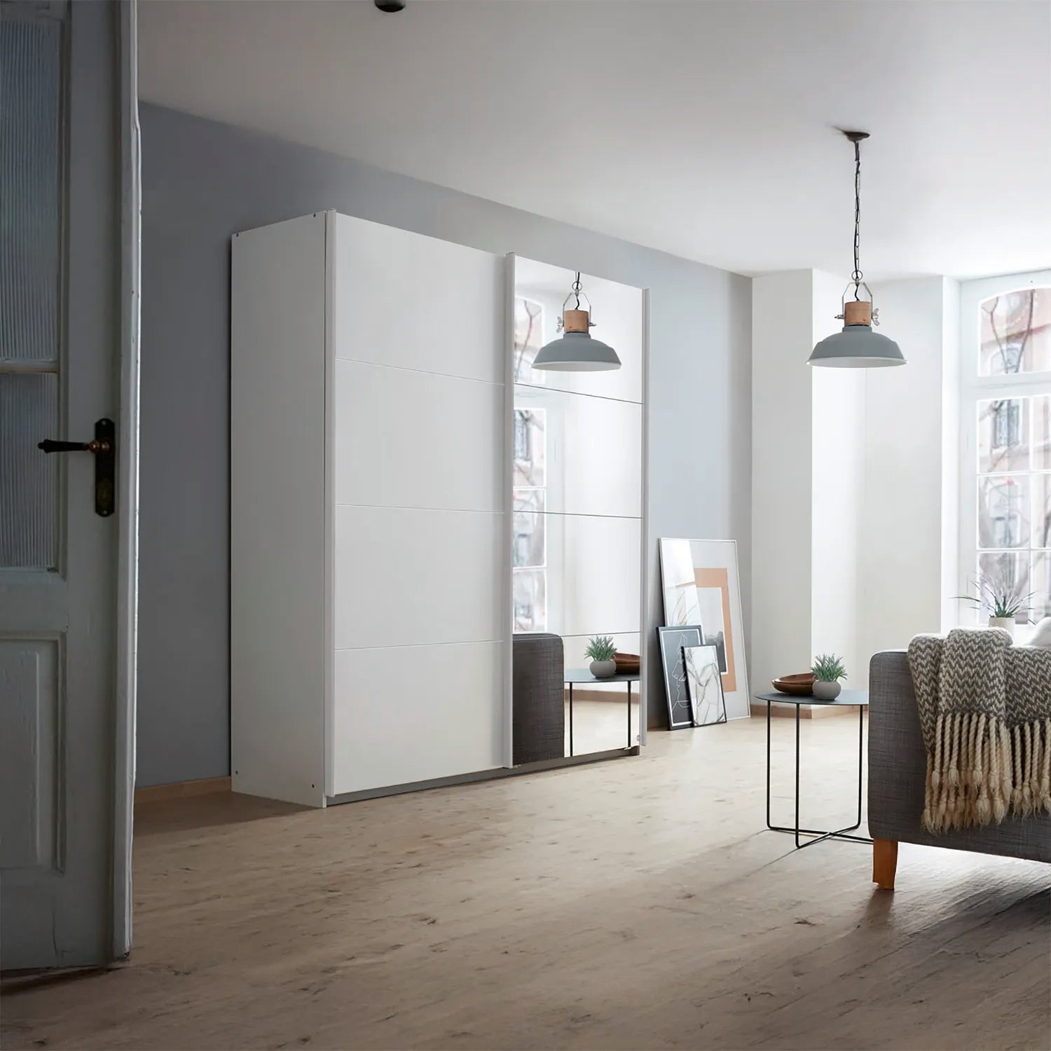 Memphis White Sliding Door Wardrobe with Mirror W181cm - Pendle Village Furniture