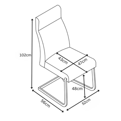 Black and white line drawing of Merlin Leather dining chair with dimension labels showing height, seat width, backrest width, and base measurements.