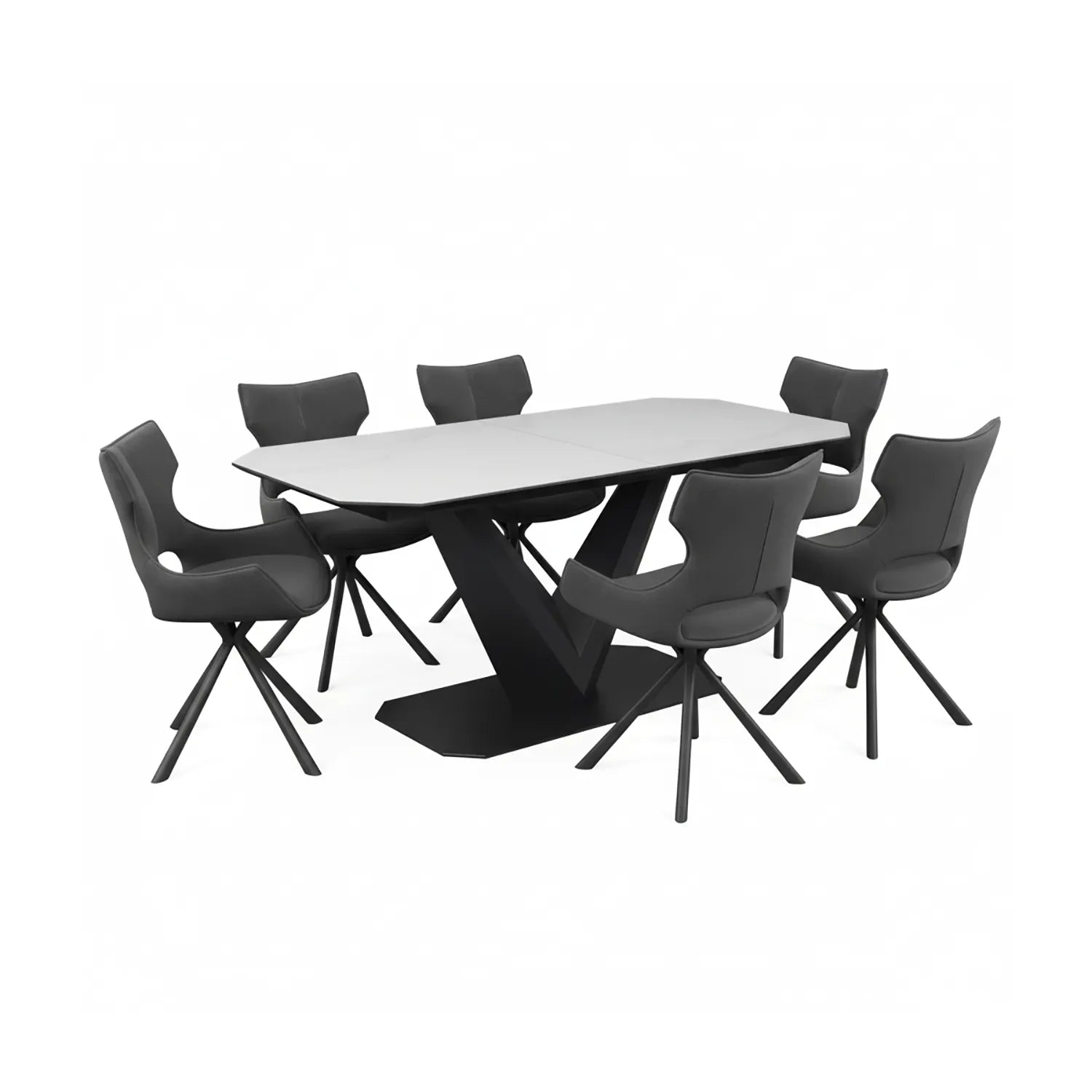 Merlin Matte White Ceramic Extending Dining Table with 6 Tripoli Chairs - Pendle Village Furniture