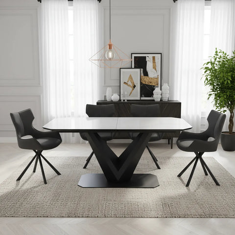 Merlin Matte White Ceramic Extending Dining Table with 6 Tripoli Chairs - Pendle Village Furniture