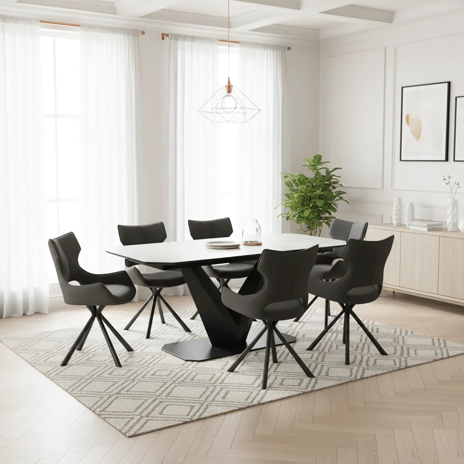 Merlin Matte White Ceramic Extending Dining Table with 6 Tripoli Chairs - Pendle Village Furniture