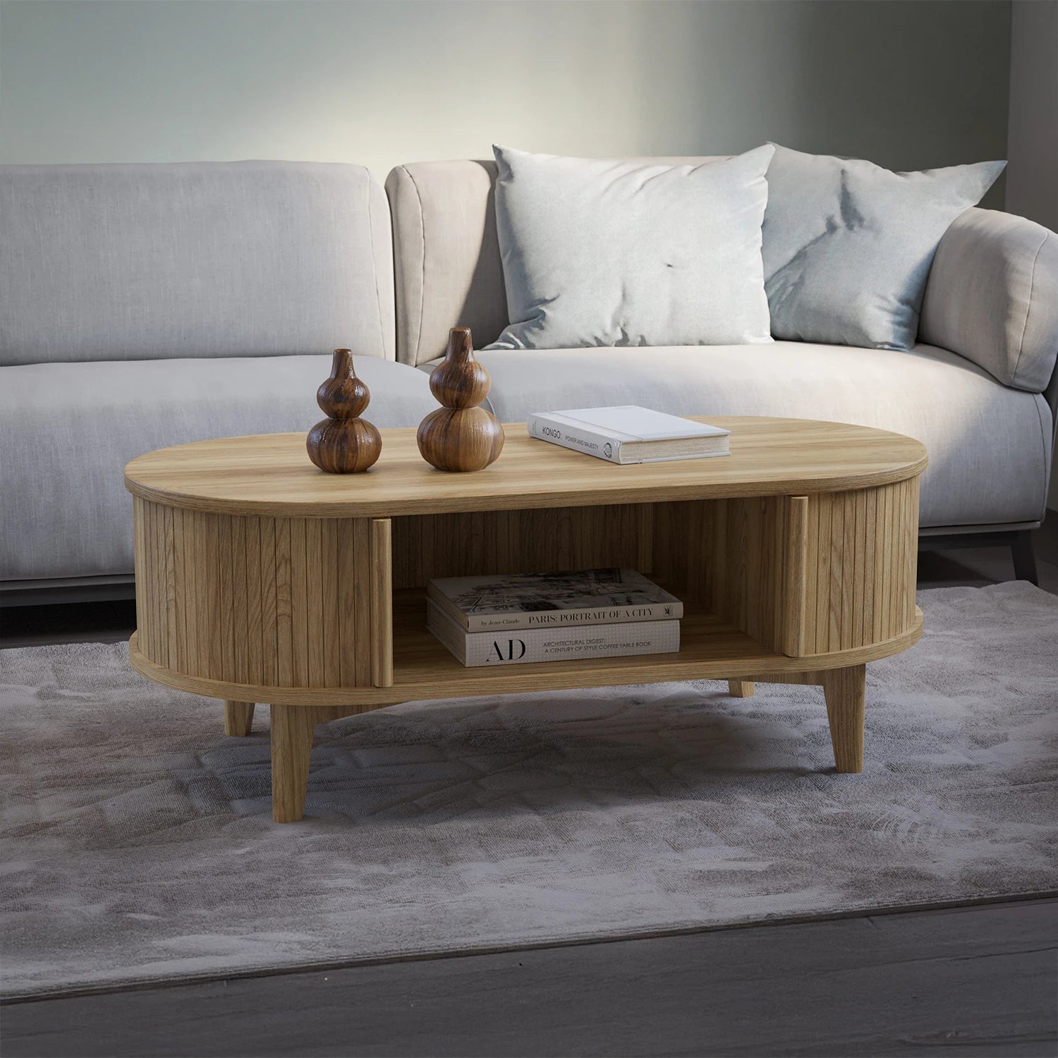 CALI Natural Coffee Table with Sliding Sides, MDF/Ash Veneer/Solid Rubber Wood Legs