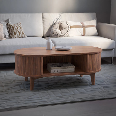Mido Walnut wood Oval Coffee Table with storage - Pendle Village Furniture