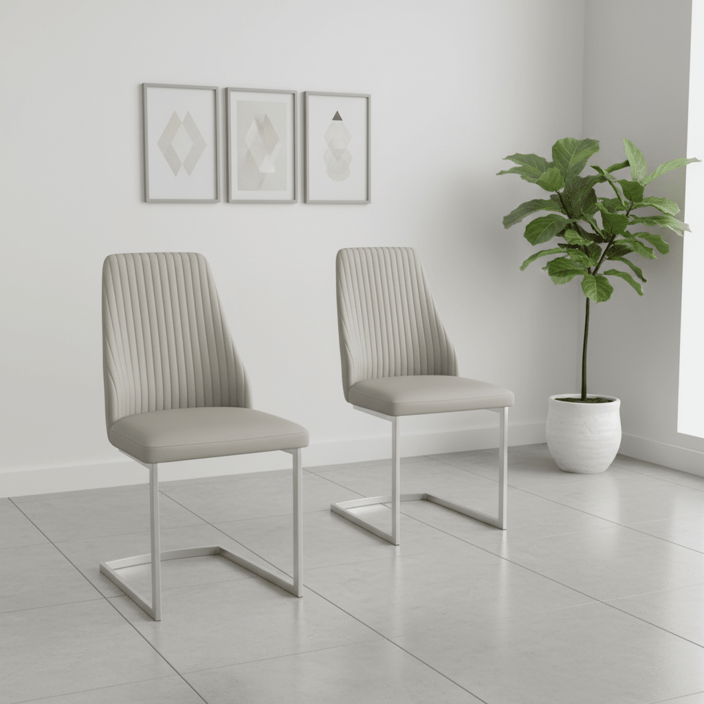 Two modern dining chairs with light beige ribbed upholstery and chrome cantilever legs, shown in a bright minimalist room next to a potted plant.