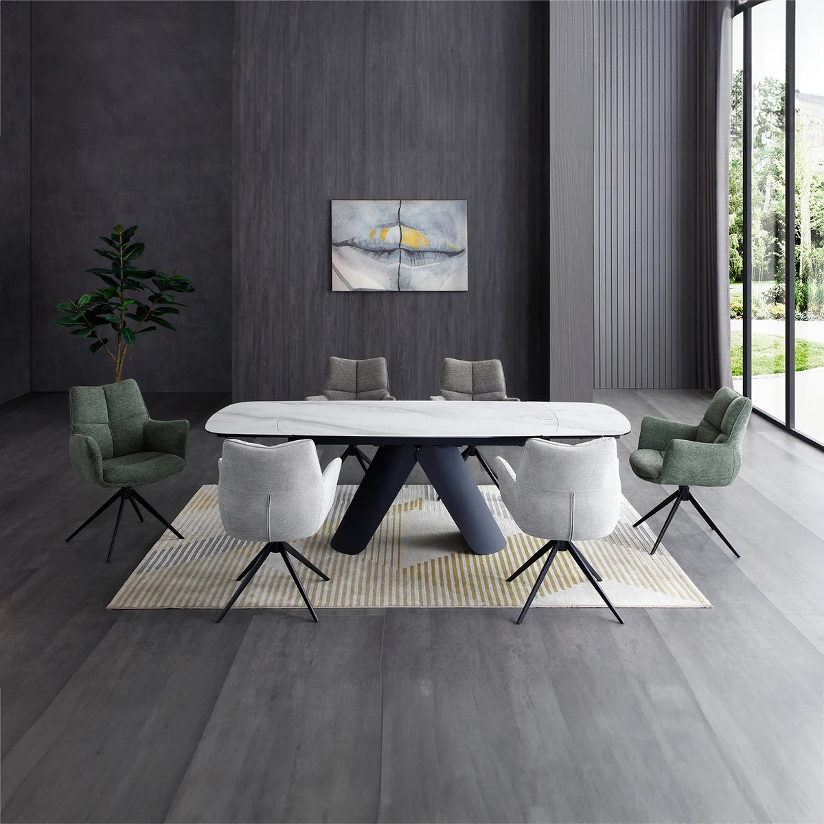 Pearl White Ceramic Extending Dining Table with Swivel Dining Chairs