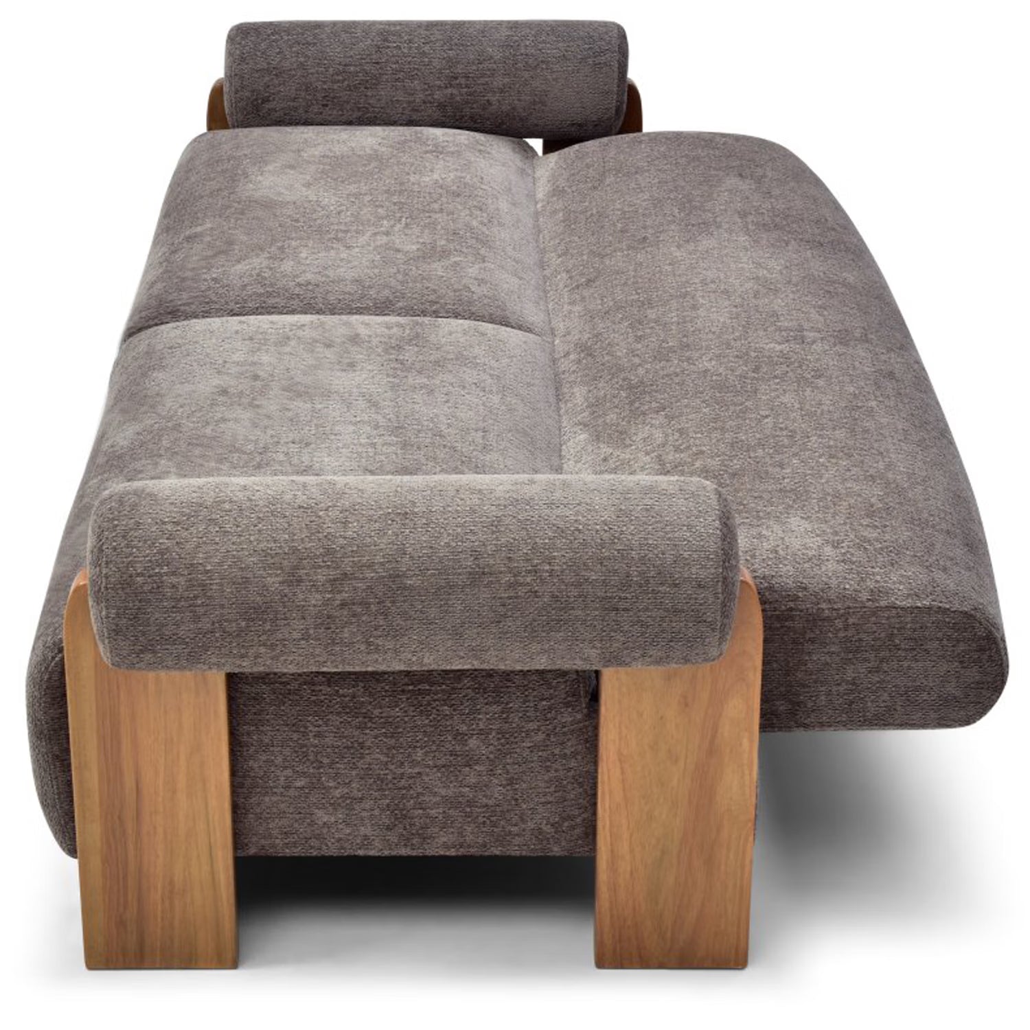 Side View of Miles Chenille Sofabed reclined into Bed position. Showing Close Up of Wooden Arm Detail