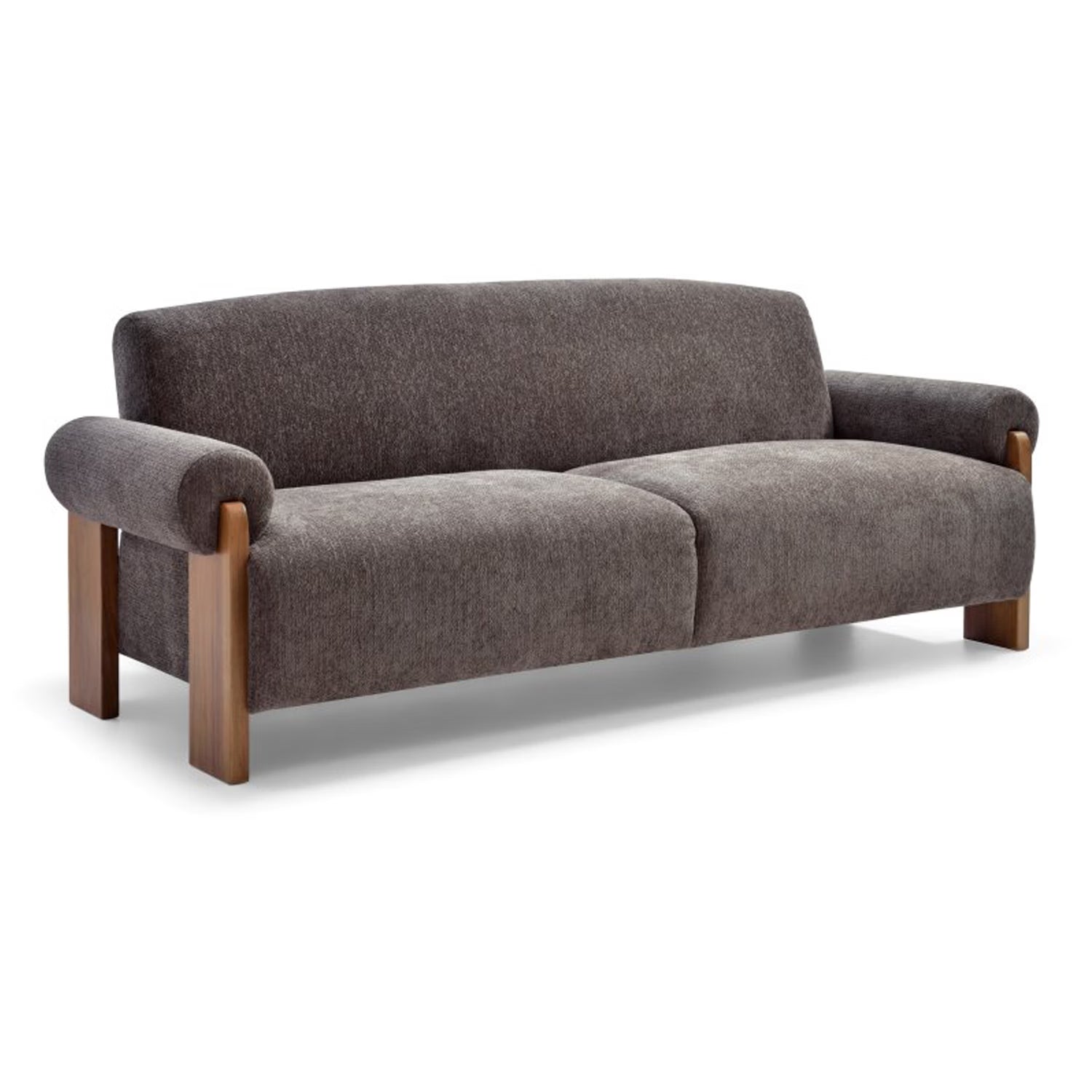 A modern 3 seater sofa with textured Mocha Brown fabric upholstery and natural wood legs available at Pendle Village Furniture