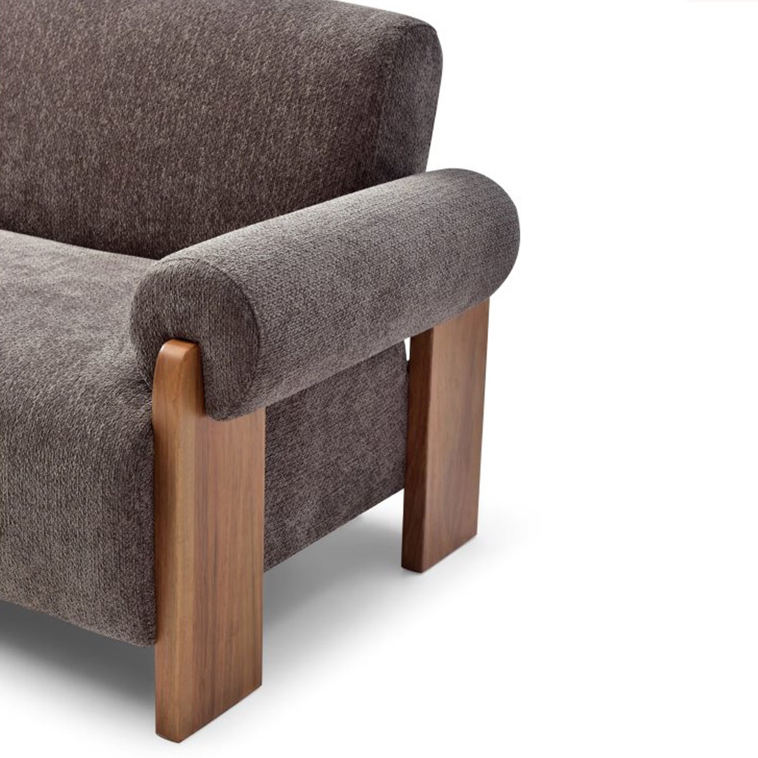 Close-up of a modern Sofabed armchair  showing mocha brown textured fabric upholstery and a medium brown wooden frame.
