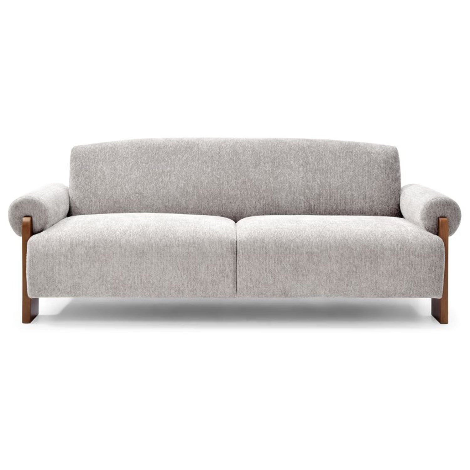 A modern natural fabric Sofabed with padded armrest and round wooden arm, the Miles Natural Chenille 3 Seater Sofabed in stock now 