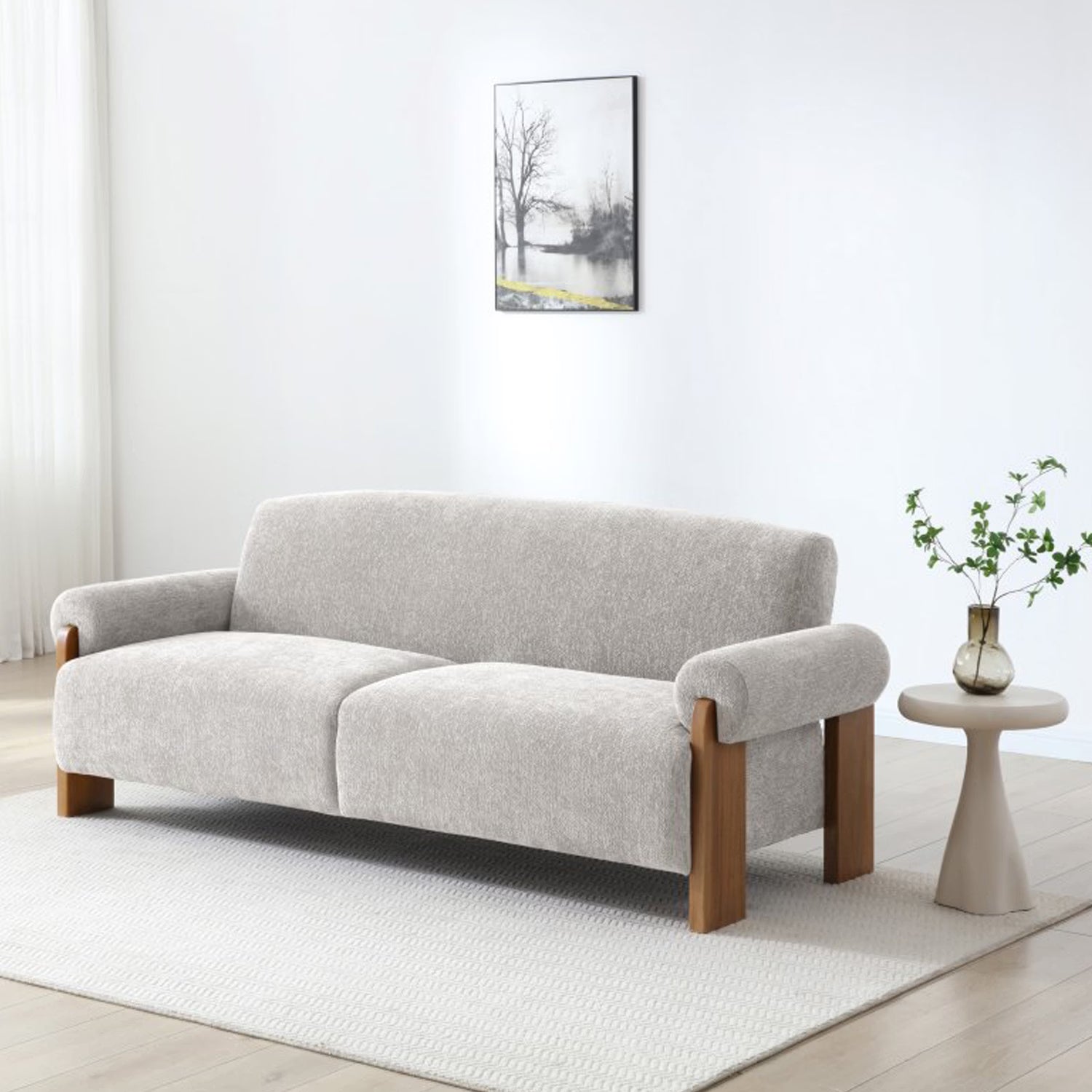 Miles Natural Chenille 3 Seater Sofabed with modern wood arm, available in Natural, Mocha and Orange.