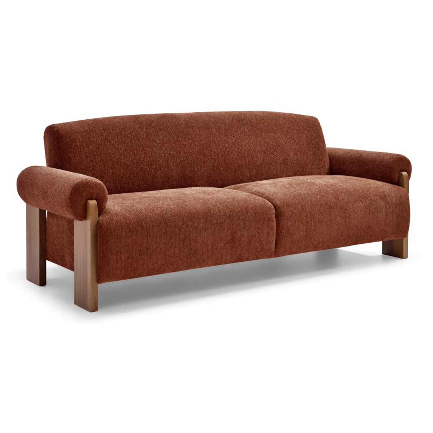Side View of Miles Orange Chenille 3 Seater Sofabed showing wooden arm detail.