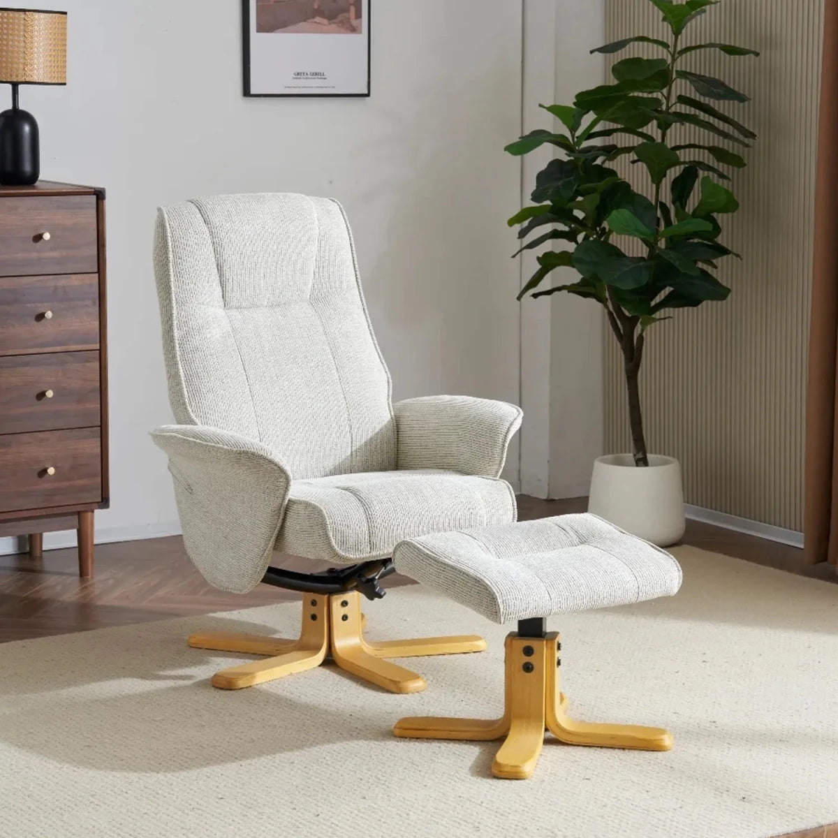 Lifestyle image of Milwaukie Fabric Swivel Recliner Chair with Footstool available in 3 colours 