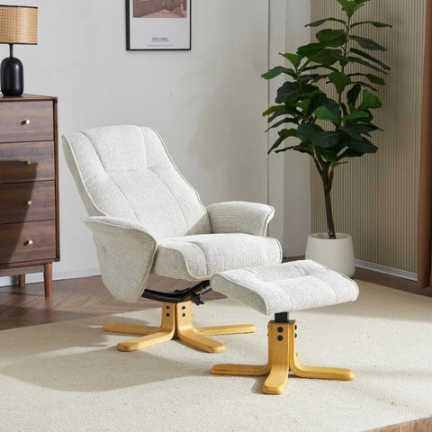 Milwaukie Fabric Swivel Recliner Chair with Footstool in reclining position 