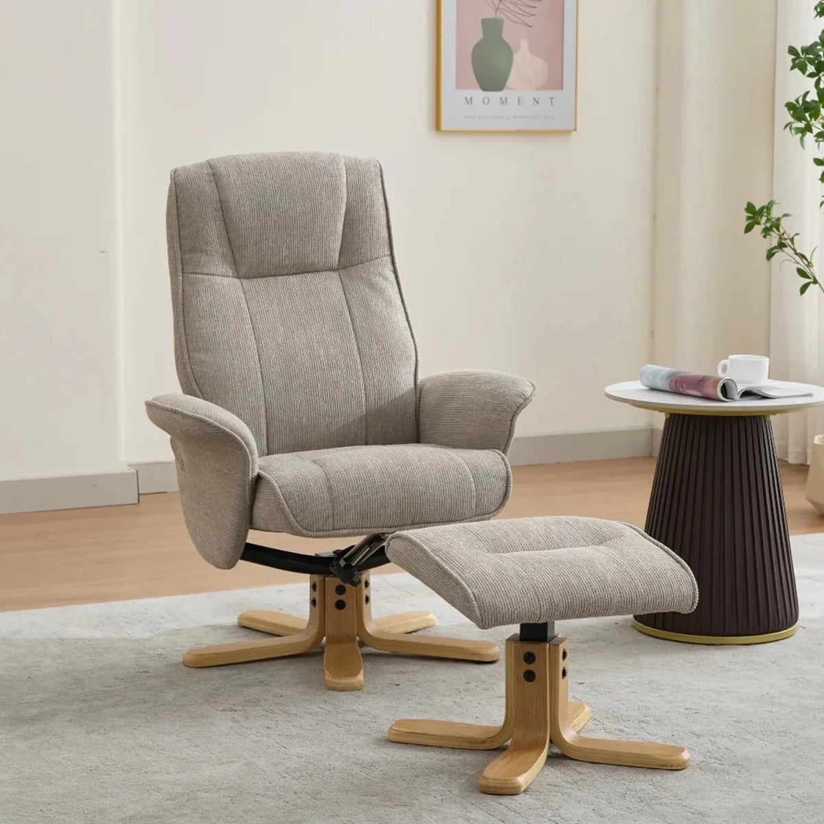 Milwaukie Camel Fabric Swivel Recliner Chair with Footstool 