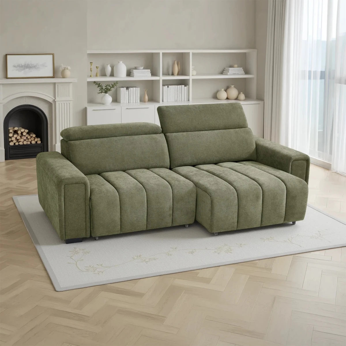 Shop Molvena Luxe green 3 seater electric sofabed with power sliding seats, adjustable headrests & modern tufted design.